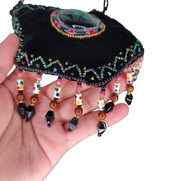 Vintage Velvet Amulet Front Beaded Boho Cross Body Medicine Coin Bag - Picture 3 of 9
